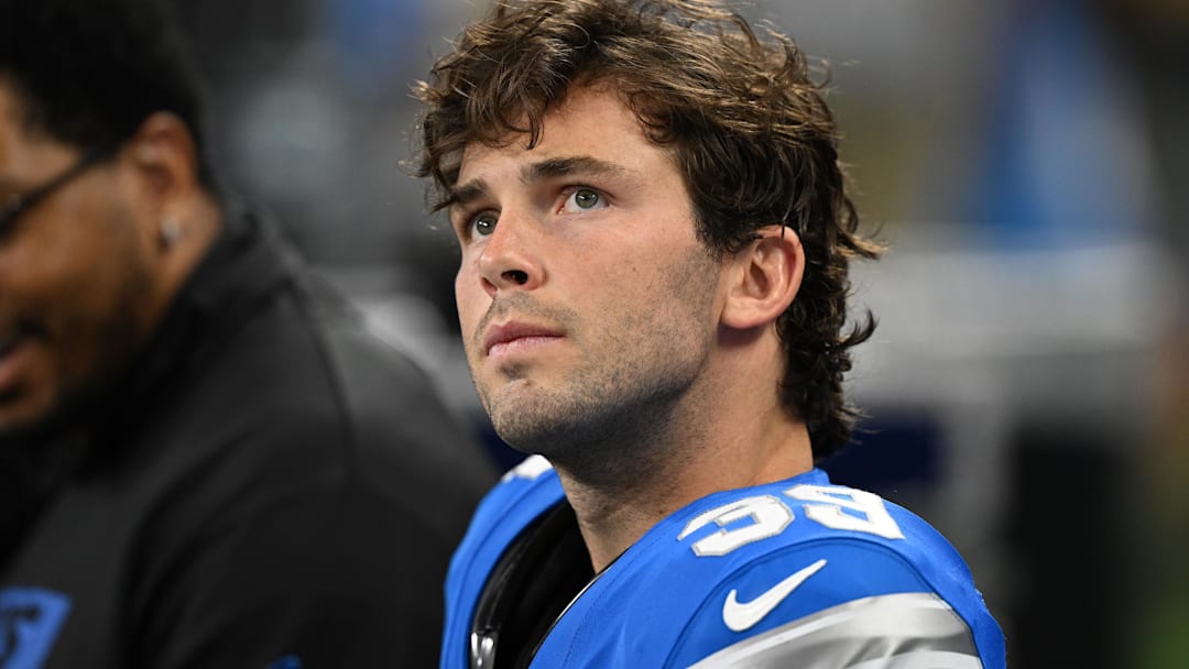 Aug 16, 2025; Detroit, Michigan, USA;  Detroit Lions kicker Jake Bates (39) watches the action from the bench during the Lions game against the Miami Dolphins in the first quarter at Ford Field.