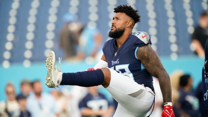 Tennessee Titans linebacker Harold Landry III (58) warms up as the team gets ready to face the New England Patriots at Nissan Stadium in Nashville, Tenn., Friday, Aug. 25, 2023.