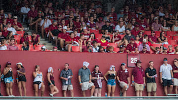 Oct 6, 2018; Columbia, SC, USA; South Carolina Gamecocks fans take shelter from the rain in the second half of their game against the Missouri Tigers at Williams-Brice Stadium. Mandatory Credit: Jeff Blake-Imagn Images