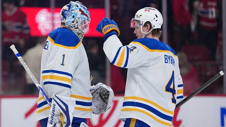 Buffalo Sabres goalie Ukko-Pekka Luukkonen and defenseman Bowen Byram