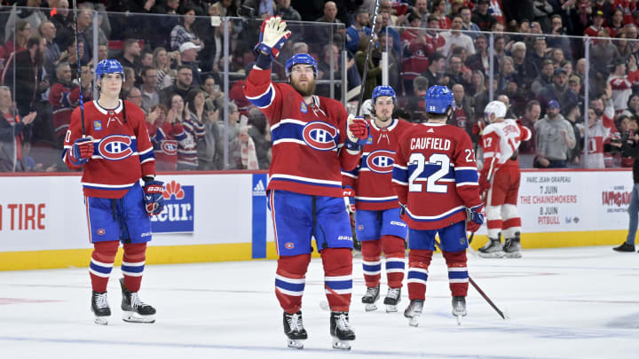 Apr 16, 2024; Montreal, Quebec, CAN; Montreal Canadiens defenseman David Savard (58) and teammates salute the crowd after a game against the Detroit Red Wings at the Bell Centre. Mandatory Credit: Eric Bolte-USA TODAY Sports