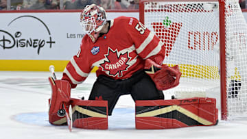 Feb 15, 2025; Montreal, Quebec, CAN; [Imagn Images direct customers only] Team Canada goalie Jordan Binnington (50) makes a save against Team United States in the first period during a 4 Nations Face-Off ice hockey game at the Bell Centre. Mandatory Credit: Eric Bolte-Imagn Images