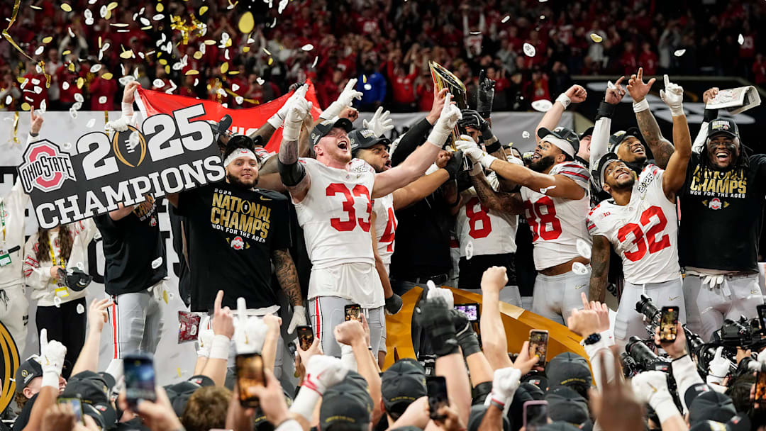 Ohio State Buckeyes celebrate their 34-23 win over Notre Dame Fighting Irish to win the College Football Playoff National Championship at Mercedes-Benz Stadium in Atlanta on January 20, 2025.