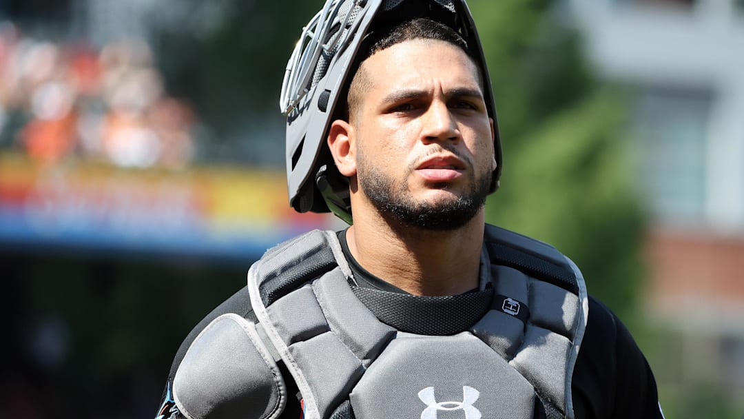 Jul 12, 2025; Baltimore, Maryland, USA; Miami Marlins catcher Agustin Ramirez (50) looks on before a game against the Baltimore Orioles at Oriole Park at Camden Yards. 