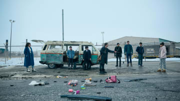 The Umbrella Academy. (L to R) Emmy Raver-Lampman as Allison Hargreeves, Elliot Page as Viktor Hargreeves, Aidan Gallagher as Number Five, Robert Sheehan as Klaus Hargreeves, David Castañeda as Diego Hargreeves, Tom Hopper as Luther Hargreeves, Justin H. Min as Ben Hargreeves, Ritu Arya as Lila Pitts in episode 403 of The Umbrella Academy. Cr. Christos Kalohoridis/Netflix © 2024