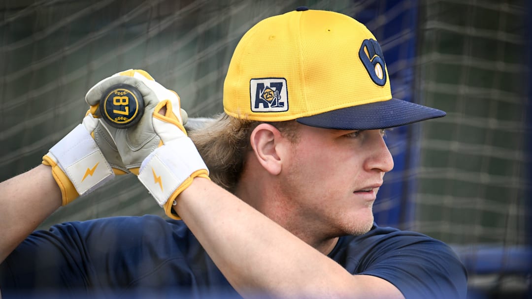 Milwaukee Brewers shortstop Cooper Pratt takes batting practice during spring training workouts Monday, February 17, 2025, at American Family Fields of Phoenix in Phoenix, Arizona.