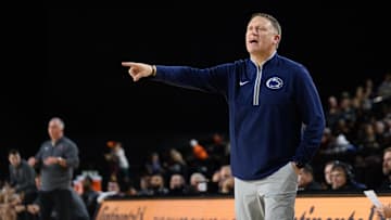 Penn State Nittany Lions head coach Mike Rhoades reacts on the sideline during the second half against the Virginia Tech Hokies at CFG Bank Arena. 