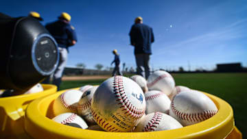 A bin of baseballs sits on the side during Milwaukee Brewers spring training workouts Saturday, February 15, 2025, at the American Family Fields of Phoenix in Phoenix, Arizona.