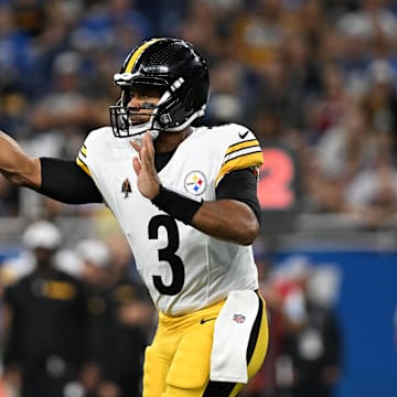 Aug 24, 2024; Detroit, Michigan, USA;  Pittsburgh Steelers quarterback Russell Wilson (3) throws a pass against the Detroit Lions in the first quarter at Ford Field. Mandatory Credit: Lon Horwedel-USA TODAY Sports