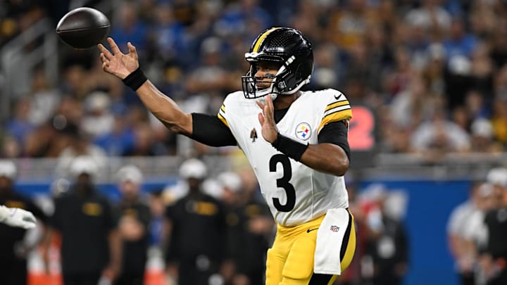 Aug 24, 2024; Detroit, Michigan, USA;  Pittsburgh Steelers quarterback Russell Wilson (3) throws a pass against the Detroit Lions in the first quarter at Ford Field. Mandatory Credit: Lon Horwedel-USA TODAY Sports