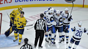 Feb 15, 2025; Montreal, Quebec, CAN; [Imagn Images direct customers only] Team Finland forward Mikko Rantanen (96) celebrates with teammates after scoring a goal against Team Sweden goalie Filip Gustavsson (32) in the first period during a 4 Nations Face-Off ice hockey game at the Bell Centre. Mandatory Credit: Eric Bolte-Imagn Images