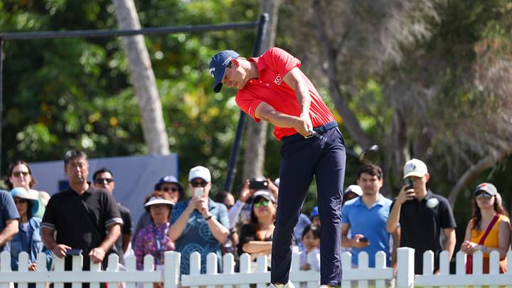 Jan 17, 2026; Honolulu, Hawaii, USA; Adrien Dumont de Chassart, of Belgium drives off the first tee during the third round of the Sony Open in Hawaii. Mandatory Credit: Marco Garcia-Imagn Images
