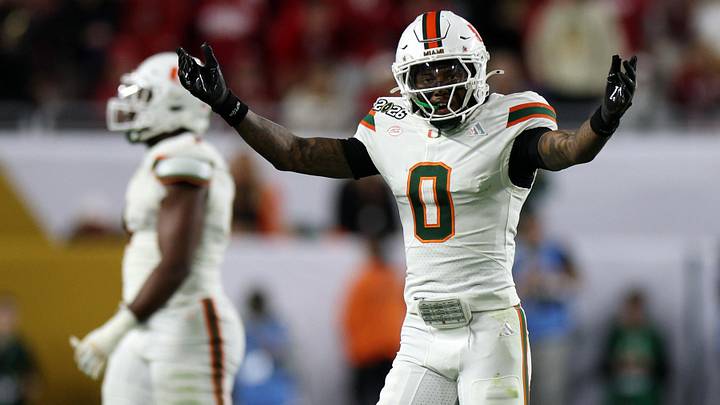 Jan 19, 2026; Miami Gardens, FL, USA; Miami Hurricanes defensive back Keionte Scott (0) reacts in the first half during the College Football Playoff National Championship game at Hard Rock Stadium. Mandatory Credit: Nathan Ray Seebeck-Imagn Images