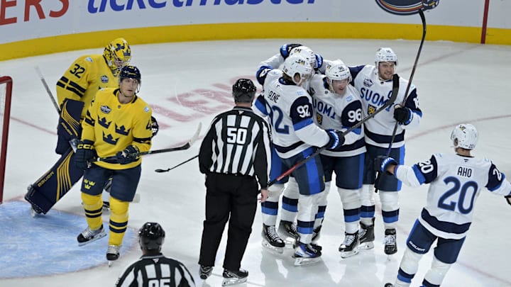 Feb 15, 2025; Montreal, Quebec, CAN; [Imagn Images direct customers only] Team Finland forward Mikko Rantanen (96) celebrates with teammates after scoring a goal against Team Sweden goalie Filip Gustavsson (32) in the first period during a 4 Nations Face-Off ice hockey game at the Bell Centre. Mandatory Credit: Eric Bolte-Imagn Images