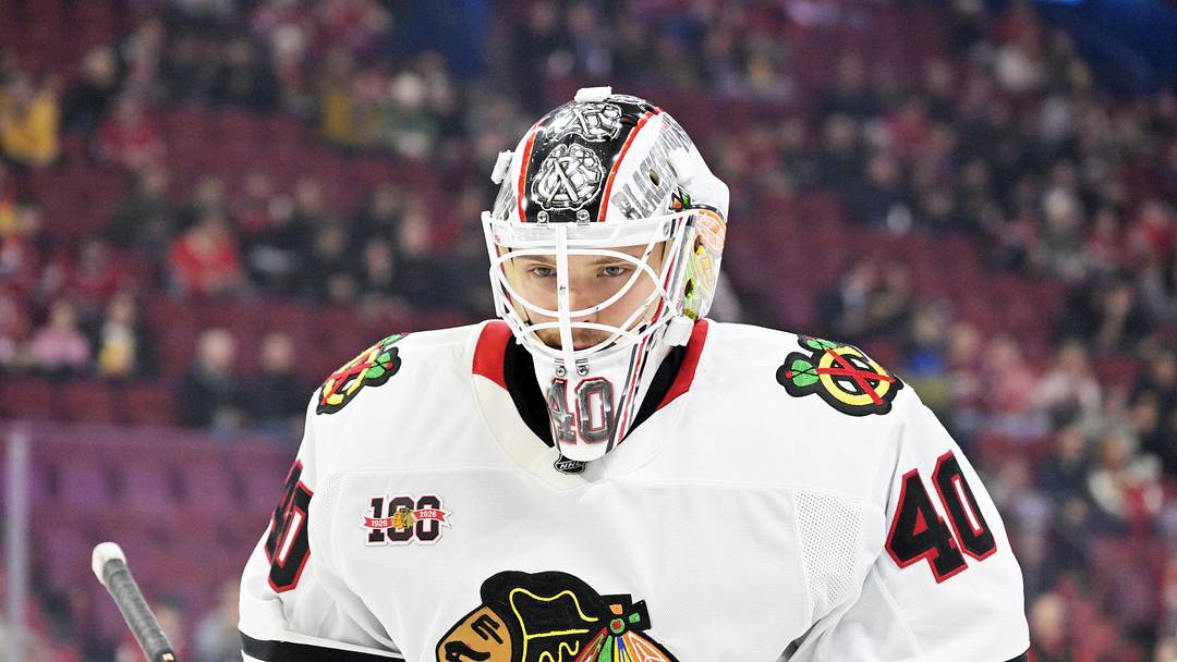 Dec 18, 2025; Montreal, Quebec, CAN; Chicago Blackhawks goalie Arvid Soderblom(40) skates during the warmup before the game against the Montreal Canadiens at the Bell Centre. Mandatory Credit: Eric Bolte-Imagn Images