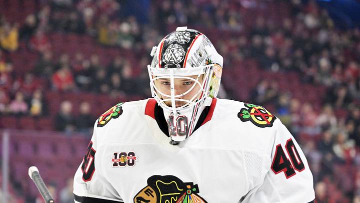 Dec 18, 2025; Montreal, Quebec, CAN; Chicago Blackhawks goalie Arvid Soderblom(40) skates during the warmup before the game against the Montreal Canadiens at the Bell Centre. Mandatory Credit: Eric Bolte-Imagn Images
