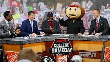 Lee Corso on ESPN's College GameDay at Ohio State prior to the NCAA football game against the Michigan State Spartans