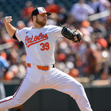 Sep 8, 2024; Baltimore, Maryland, USA; Baltimore Orioles pitcher Corbin Burnes (39) throws a pitch during the first inning against the Tampa Bay Rays at Oriole Park at Camden Yards.