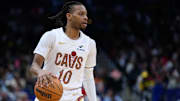 Feb 7, 2025; Washington, District of Columbia, USA; Cleveland Cavaliers guard Darius Garland (10) handles the ball during the third quarter against the Washington Wizards at Capital One Arena. Mandatory Credit: Reggie Hildred-Imagn Images