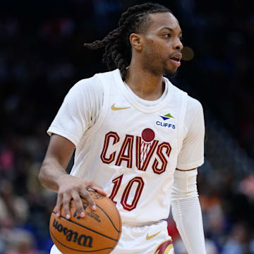 Feb 7, 2025; Washington, District of Columbia, USA; Cleveland Cavaliers guard Darius Garland (10) handles the ball during the third quarter against the Washington Wizards at Capital One Arena. Mandatory Credit: Reggie Hildred-Imagn Images