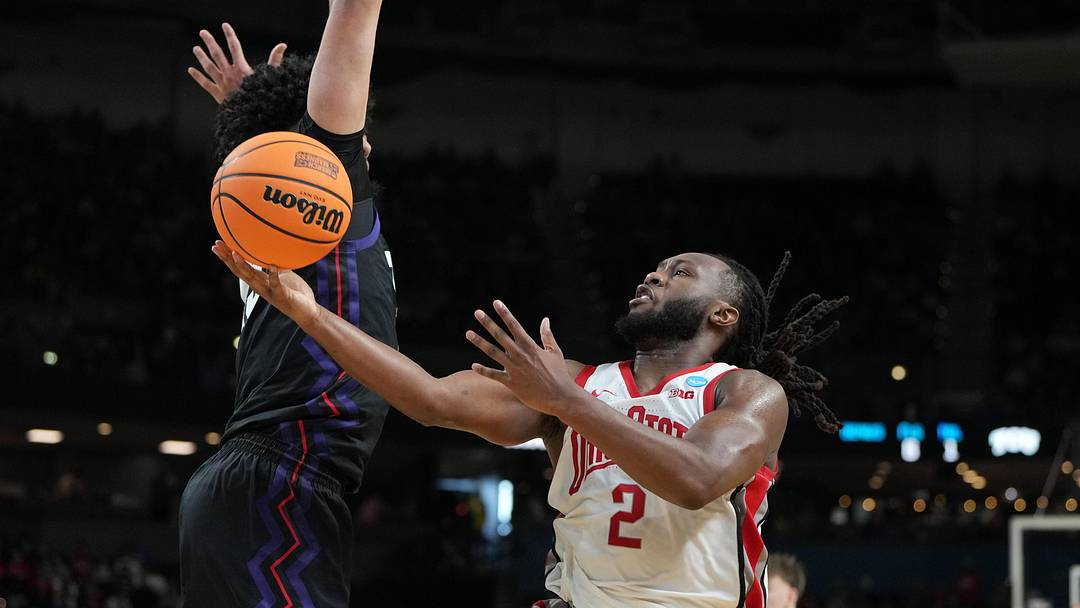 Mar 19, 2026; Greenville, SC, USA; Ohio State Buckeyes guard Bruce Thornton (2) shoots the ball against the Texas Christian University Horned Frogs in the second half during a first round game of the men's 2026 NCAA Tournament at Bon Secours Wellness Arena. Mandatory Credit: Bob Donnan-Imagn Images