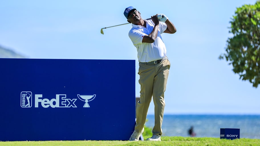 Vijay Singh, of Fiji, drives on the 17th tee during the second round of the 2025 Sony Open in Hawaii. 