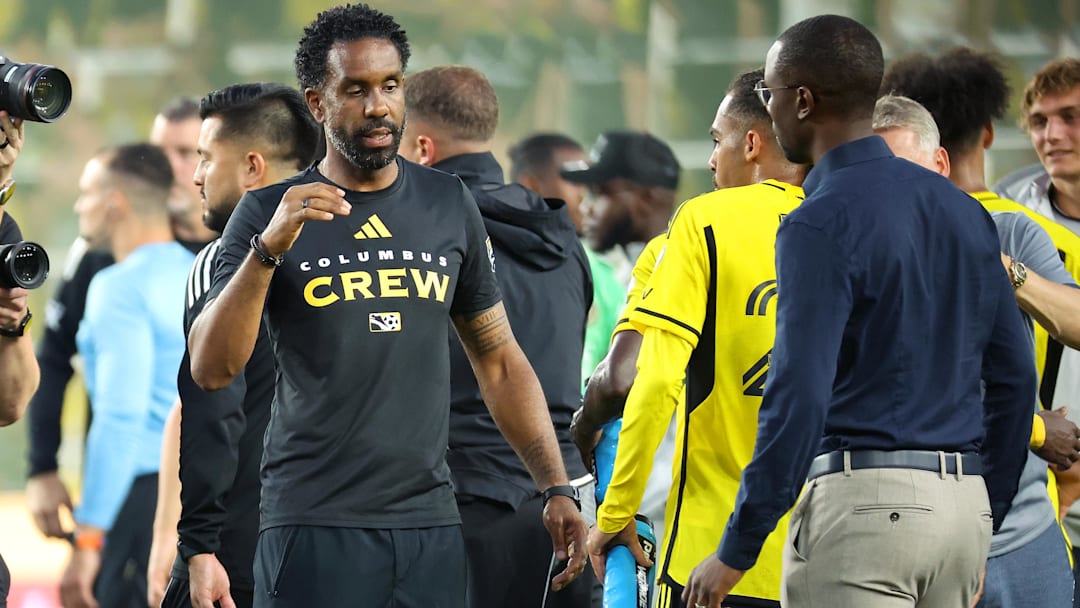 Jun 29, 2025; Columbus, Ohio, USA;  Columbus Crew head coach Wilfried Nancy celebrates following the second half against the Philadelphia Union at Lower.com Field. Mandatory Credit: Joseph Maiorana-Imagn Images