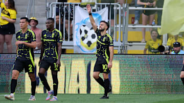 Jun 14, 2025; Columbus, Ohio, USA;  Columbus Crew forward Diego Rossi (10) celebrates after his goal during the first half against the Vancouver Whitecaps at Lower.com Field. Mandatory Credit: Joseph Maiorana-Imagn Images