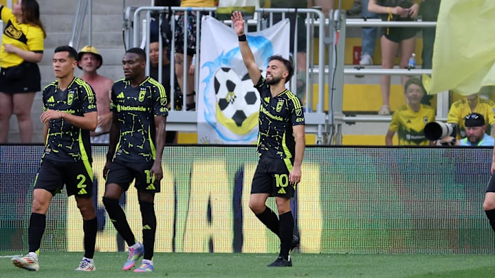 Jun 14, 2025; Columbus, Ohio, USA;  Columbus Crew forward Diego Rossi (10) celebrates after his goal during the first half against the Vancouver Whitecaps at Lower.com Field. Mandatory Credit: Joseph Maiorana-Imagn Images