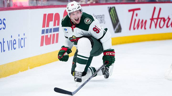 Jan 20, 2026; Montreal, Quebec, CAN; Minnesota Wild forward Vladimir Tarasenko (91) celebrates after scoring a goal against the Montreal Canadiens during the third period at the Bell Centre. Mandatory Credit: Eric Bolte-Imagn Images