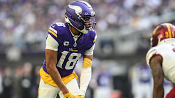 Dec 7, 2025; Minneapolis, Minnesota, USA; Minnesota Vikings wide receiver Justin Jefferson (18) during the first half at U.S. Bank Stadium.