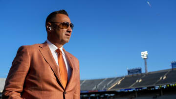 Texas Longhorns head coach Steve Sarkisian walks the field ahead of the game against Oklahoma at the Cotton Bowl on Saturday, Oct. 7, 2023 in Dallas, Texas.