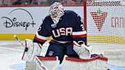 Feb 15, 2025; Montreal, Quebec, CAN; [Imagn Images direct customers only] Team United States goalie Connor Hellebuyck (37) makes a blocker save against Team Canada in the second period during a 4 Nations Face-Off ice hockey game at the Bell Centre. Mandatory Credit: Eric Bolte-Imagn Images