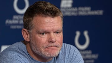 Indianapolis Colts General Manager Chris Ballard opens his pre-draft press conference discussing support for the family of long-time scout Matt Terpening in the lost of his wife, Monday, April 21, 2025 at the Colts headquarters, the Indiana Farm Bureau Football Center.