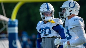 Indianapolis Colts safeties Nick Cross (20) and Trevor Denbow (43) talk between plays during day #9 practice of Colts Camp, Tuesday, Aug. 8, 2023 at Grand Park in Westfield.