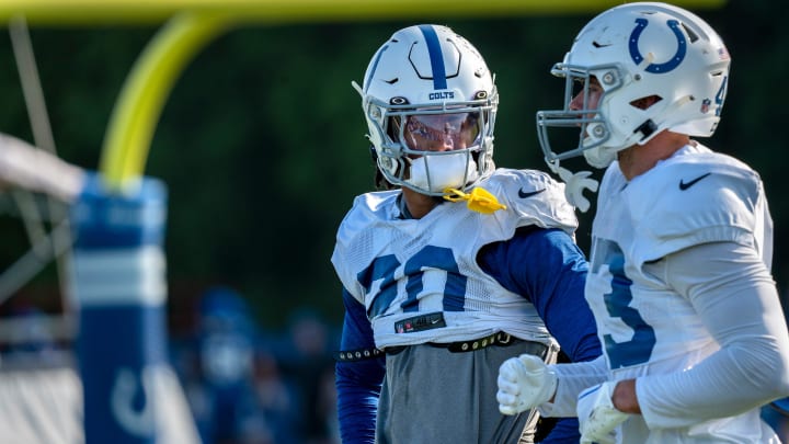 Indianapolis Colts safeties Nick Cross (20) and Trevor Denbow (43) talk between plays during day #9 practice of Colts Camp, Tuesday, Aug. 8, 2023 at Grand Park in Westfield.