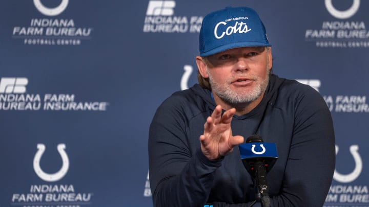 Indianapolis Colts General Manager Chris Ballard speaks to the media Thursday, Jan. 11, 2024 at the Indiana Farm Bureau Football Center, the Colts Complex.