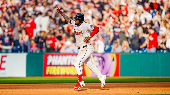 Cleveland Guardians shortstop Gabriel Arias (13) reacts to his homer during the home opening game against the Chicago Cubs, April 4, 2026, at Progressive Field in Cleveland, Ohio.