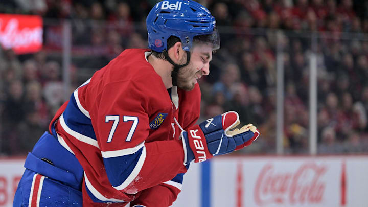 Apr 7, 2026; Montreal, Quebec, CAN; Montreal Canadiens forward Kirby Dach (77) heads to the dressing room after getting injured during the first period of the game against the Florida Panthers at the Bell Centre. Mandatory Credit: Eric Bolte-Imagn Images