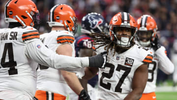 Jan 13, 2024; Houston, Texas, USA;Cleveland Browns running back Kareem Hunt (27) celebrates his touchdown against the Houston Texans  in a 2024 AFC wild card game at NRG Stadium. Mandatory Credit: Thomas Shea-USA TODAY Sports