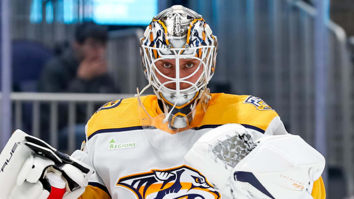 Apr 6, 2024; Elmont, New York, USA; Nashville Predators goaltender Kevin Lankinen (32) in action against the New York Islanders during the second period at UBS Arena. Mandatory Credit: Tom Horak-USA TODAY Sports