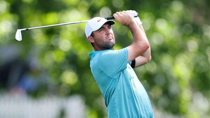 Scottie Scheffler swings during the third round of the 2025 PGA Championship at Quail Hollow Club
