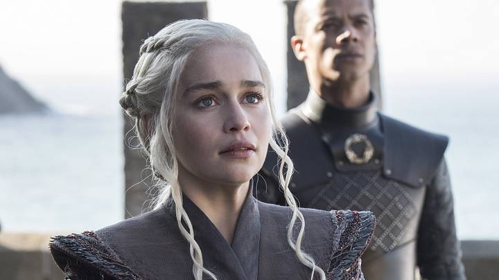 Emilia Clarke (Daenerys Targaryen) and Jacob Anderson (Grey Worm) in Game of Thrones season 7 Episode 1, "Dragonstone"