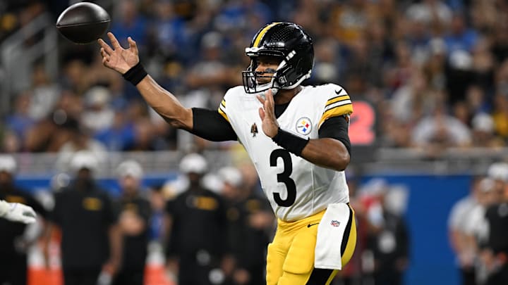 Aug 24, 2024; Detroit, Michigan, USA;  Pittsburgh Steelers quarterback Russell Wilson (3) throws a pass against the Detroit Lions in the first quarter at Ford Field. Mandatory Credit: Lon Horwedel-Imagn Images