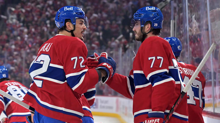 Apr 24, 2026; Montreal, Quebec, CAN; Montreal Canadiens defenseman Arber Xhekaj (72) celebrates with teammate forward Kirby Dach (77) after the goal scored by Montreal Canadiens forward Alexandre Texier (85) (not pictured) during the first period in game three of the first round of the 2026 Stanley Cup Playoffs at the Bell Centre. Mandatory Credit: Eric Bolte-Imagn Images