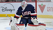 Feb 15, 2025; Montreal, Quebec, CAN; [Imagn Images direct customers only] Team United States goalie Connor Hellebuyck (37) makes a blocker save against Team Canada in the second period during a 4 Nations Face-Off ice hockey game at the Bell Centre. Mandatory Credit: Eric Bolte-Imagn Images