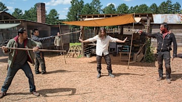 Peter Zimmerman as Eduardo, Rich Ceraulo as Guard, Tom Payne as Jesus, and Andrew Lincoln as Rick Grimes - The Walking Dead _ Season 6, Episode 11 - Photo Credit: Gene Page/AMC