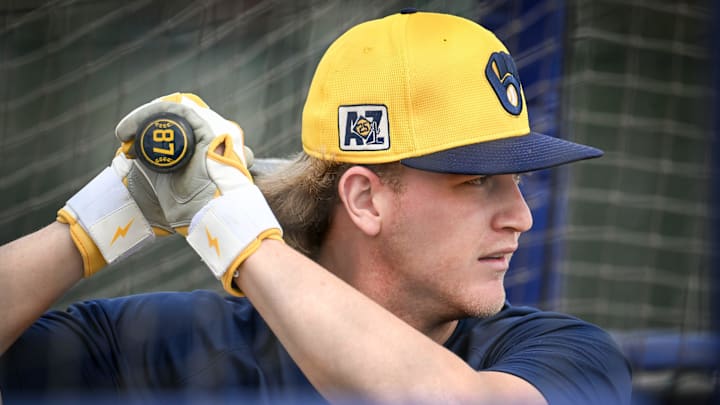 Milwaukee Brewers shortstop Cooper Pratt takes batting practice during spring training workouts Monday, February 17, 2025, at American Family Fields of Phoenix in Phoenix, Arizona.