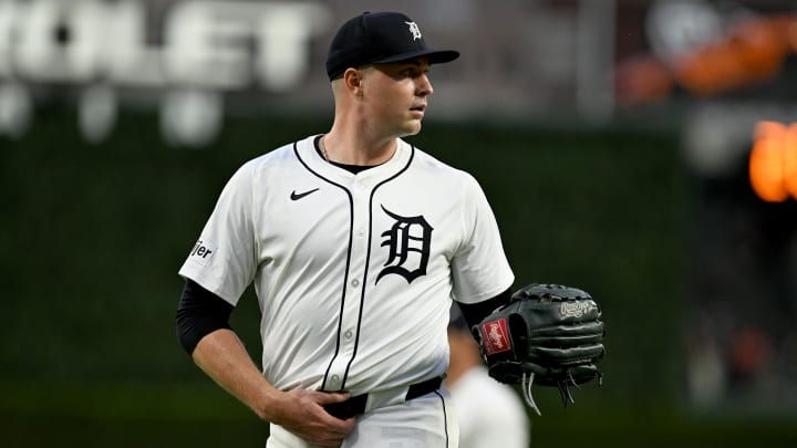 Aug 13, 2024; Detroit, Michigan, USA;  Detroit Tigers starting pitcher Tarik Skubal (29) walks off the field after finishing a scoreless inning against the Seattle Mariners in the sixth inning at Comerica Park. 