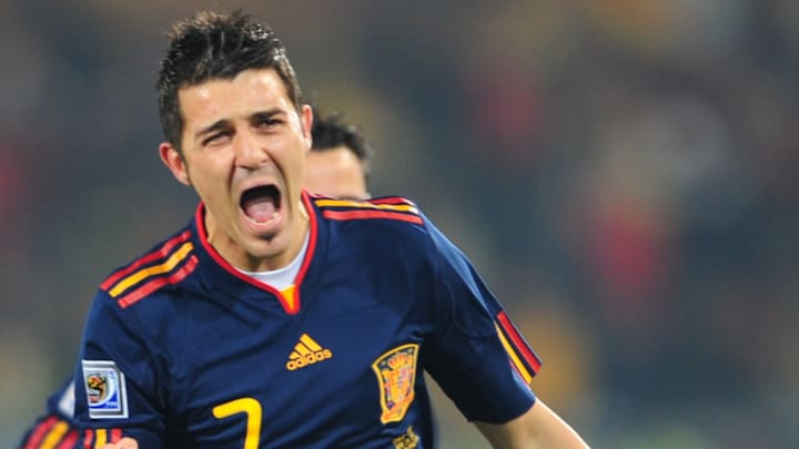 Spain's striker David Villa celebrates a